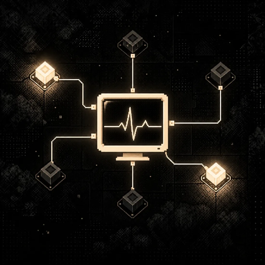 A pixel monitor wired to six nodes, two of them lit