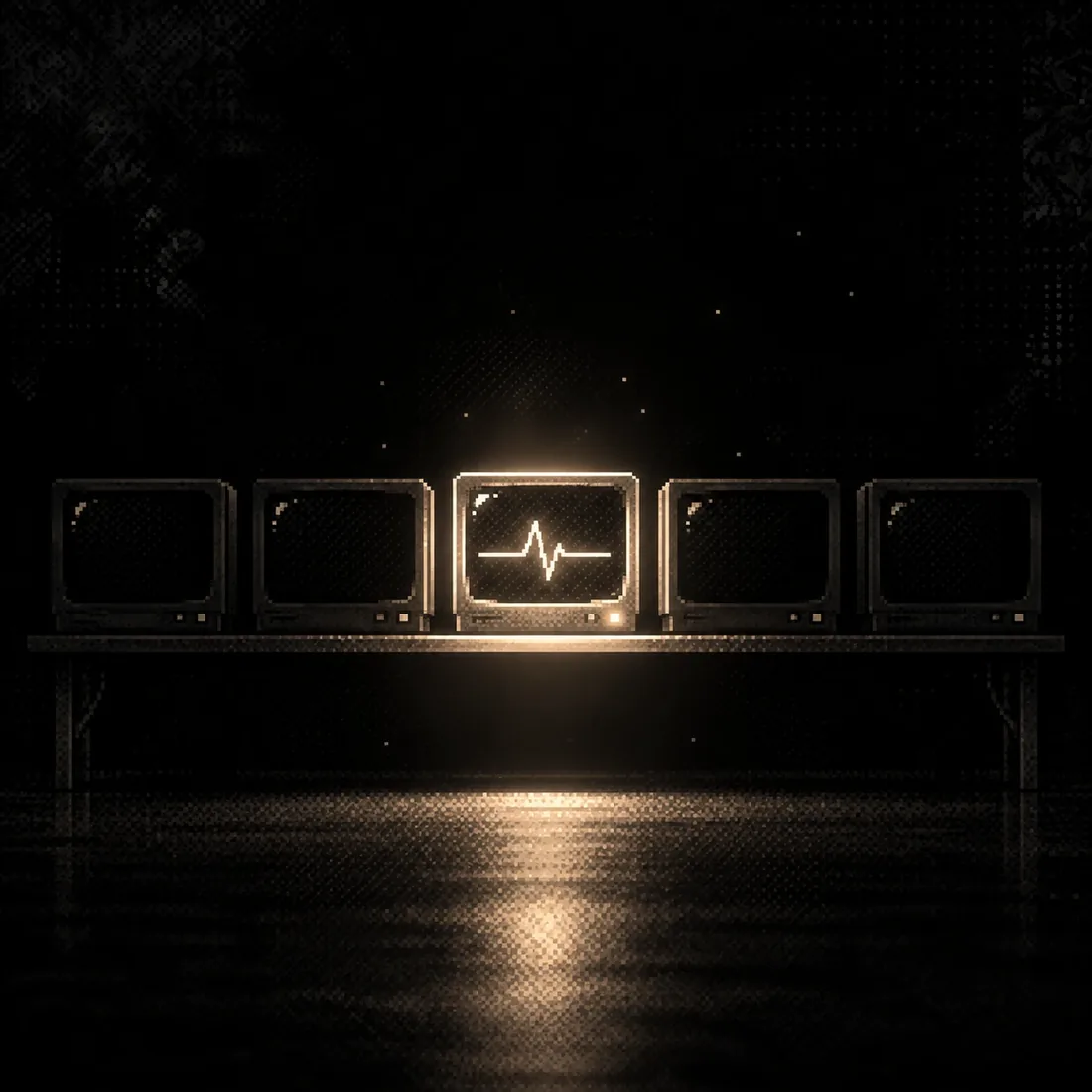 A row of five old monitors, only the middle one lit with a heartbeat line