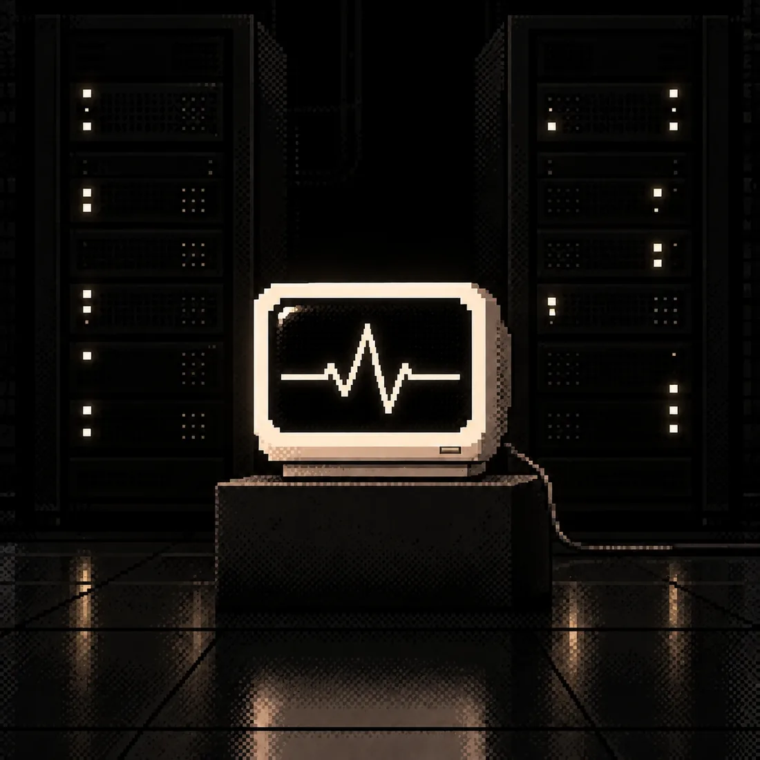 A glowing monitor on a plinth between two dark server racks